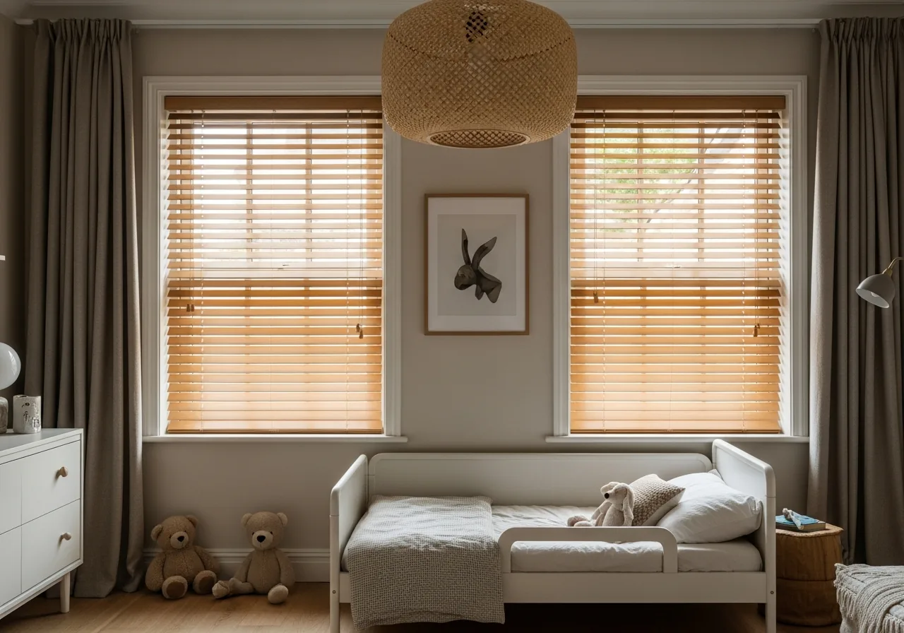 Cordless faux wood blinds in a South Jordan child's bedroom