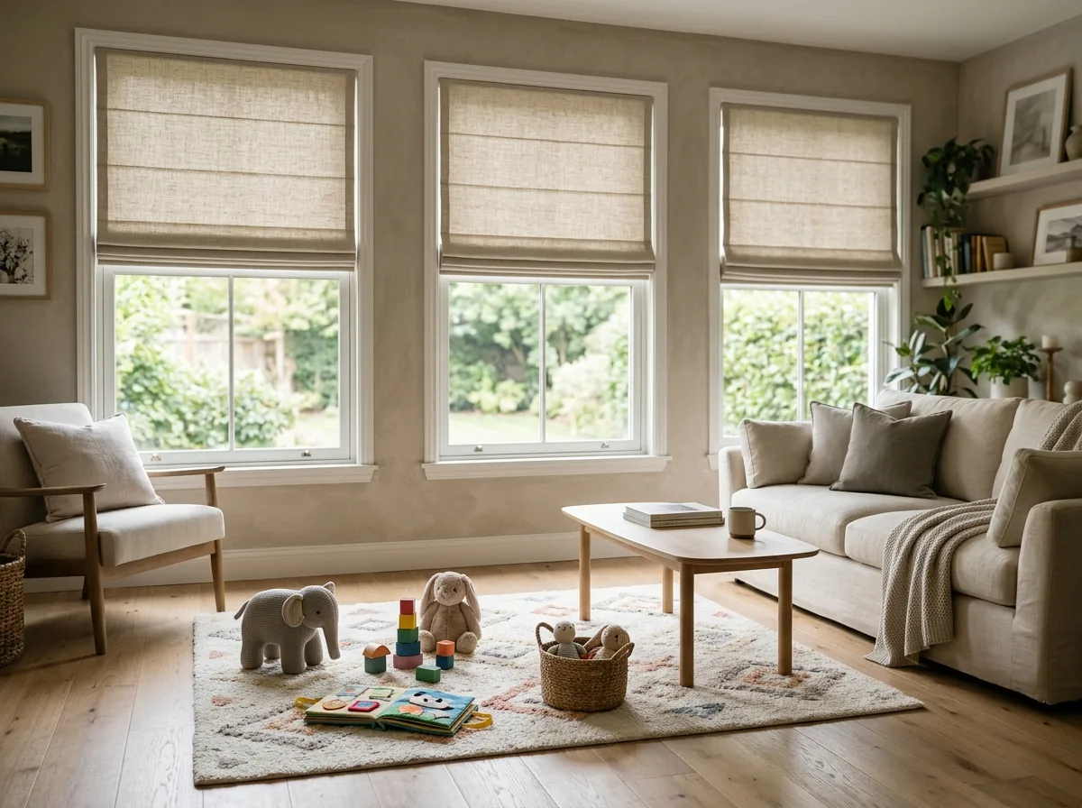 Cordless shades in a South Jordan family room with no hanging cords