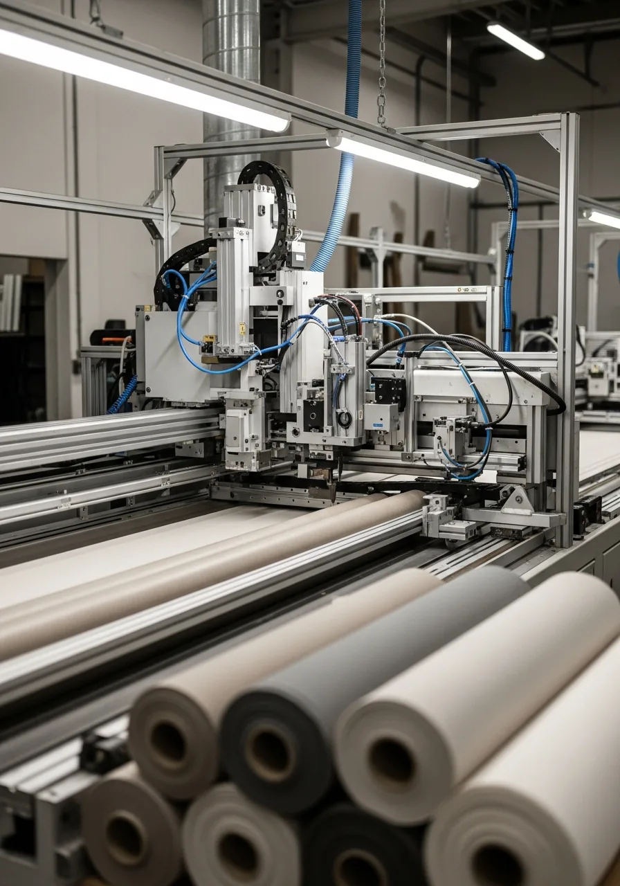 Machine fabricating custom roller shades in a workshop