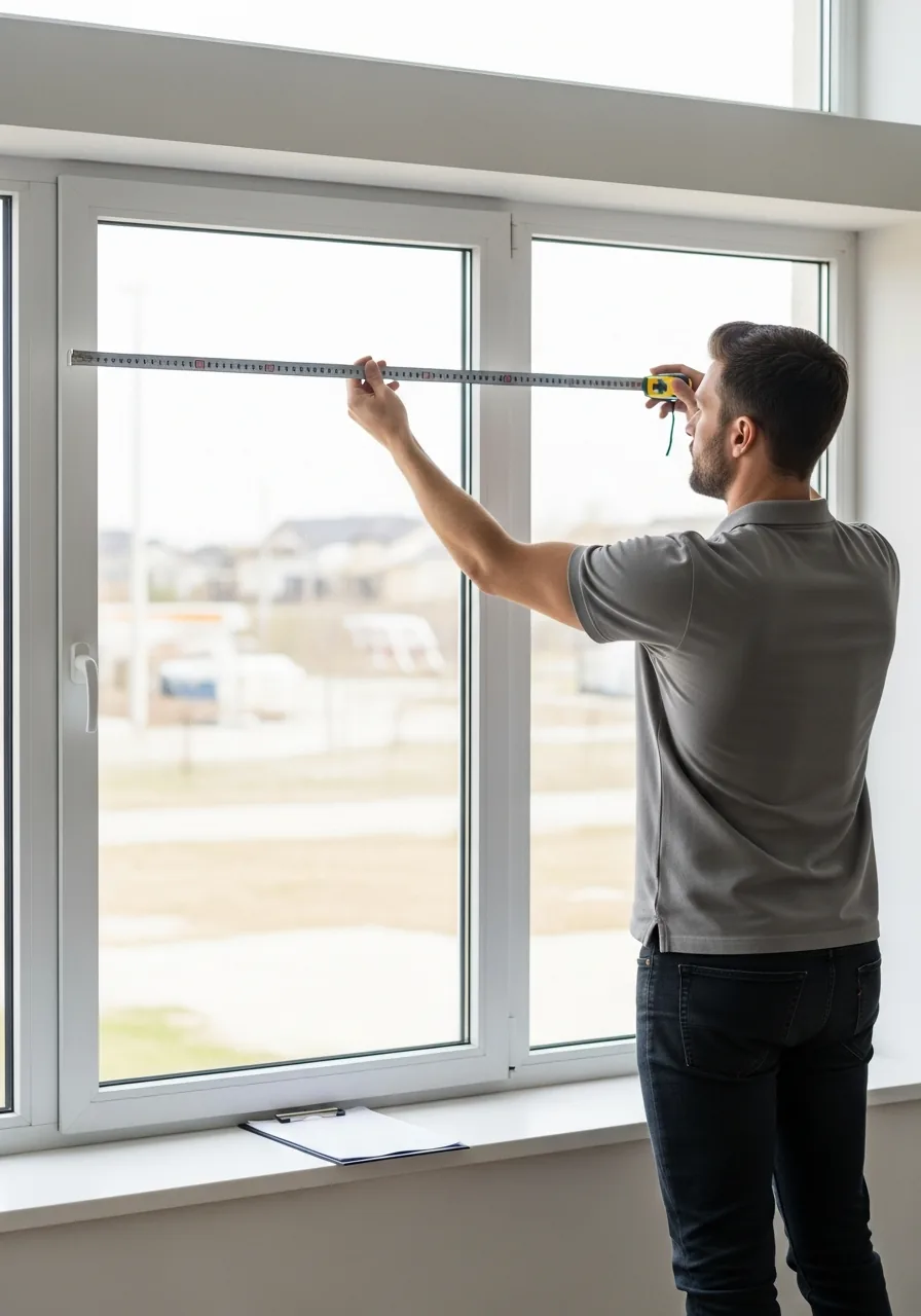 Installer measuring a South Jordan living-room window with a tape measure