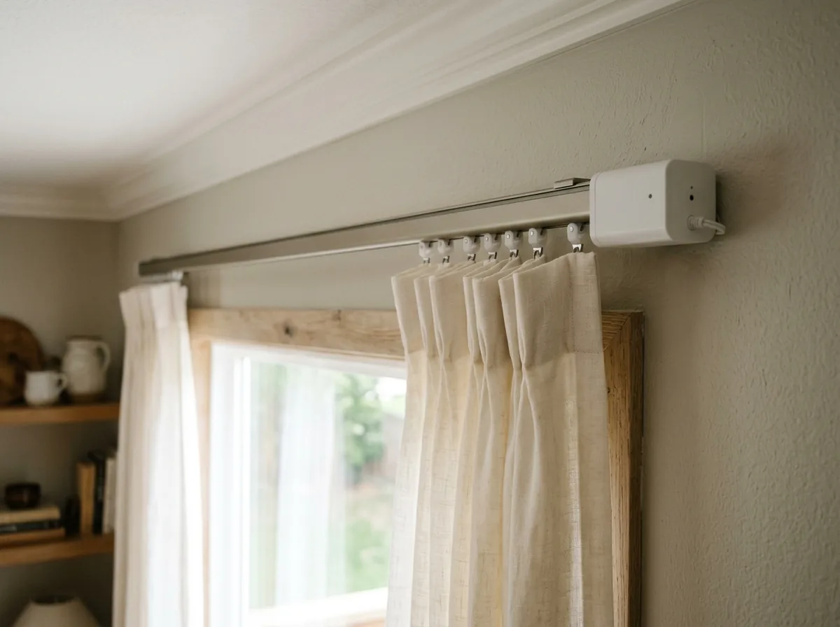 Close-up of a motorized curtain rod and its motor housing