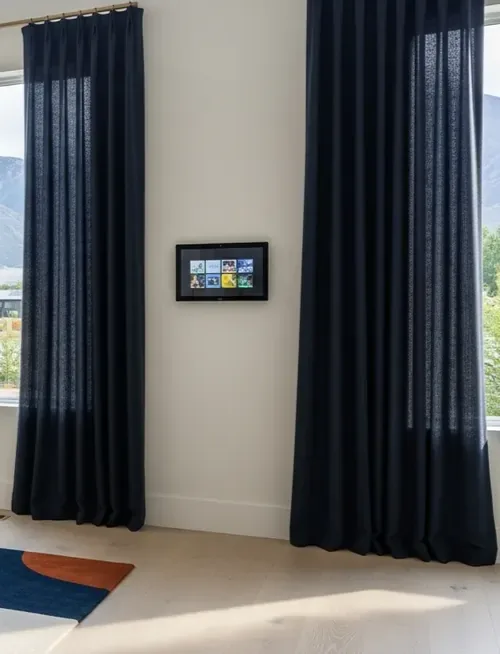 Motorized navy drapery panels with a wall control panel