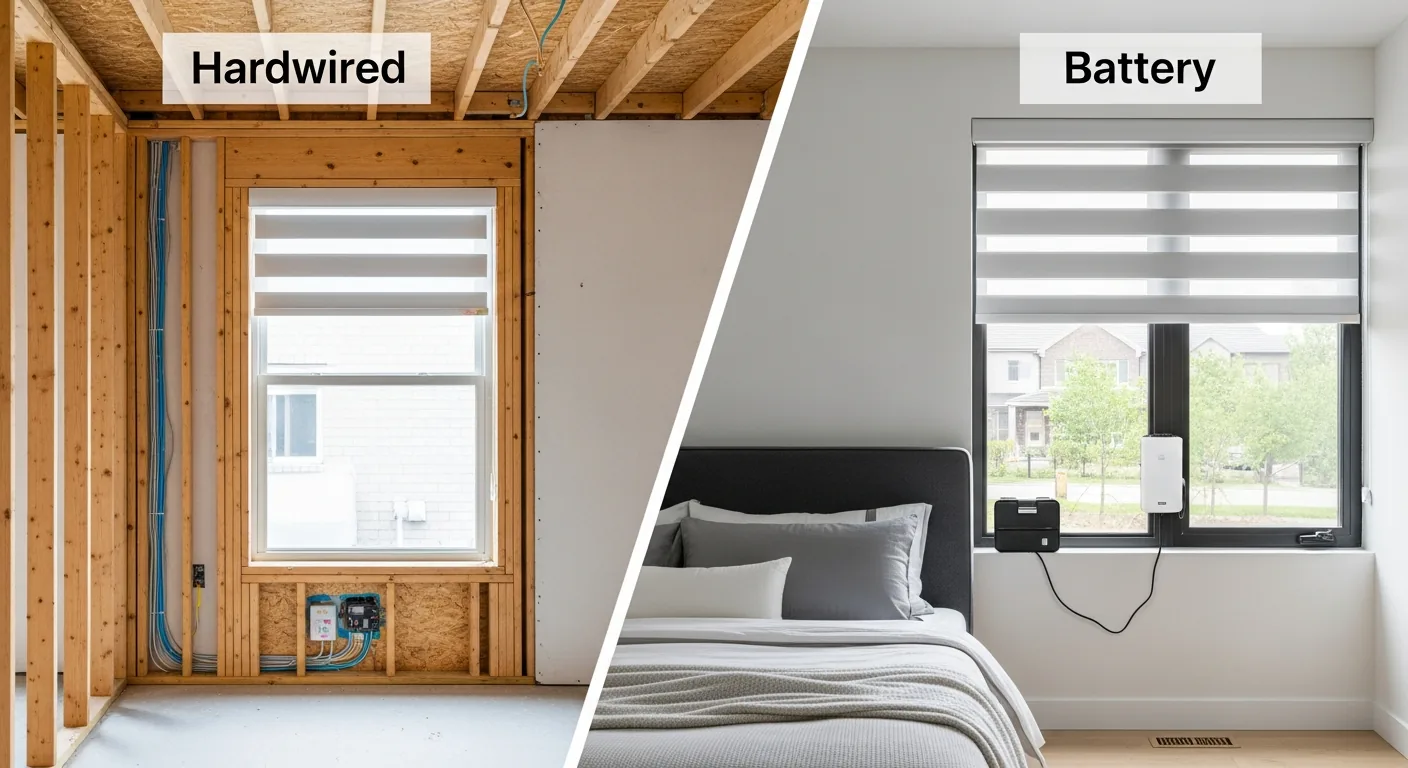 Diagram comparing hardwired and battery powered motorized window coverings
