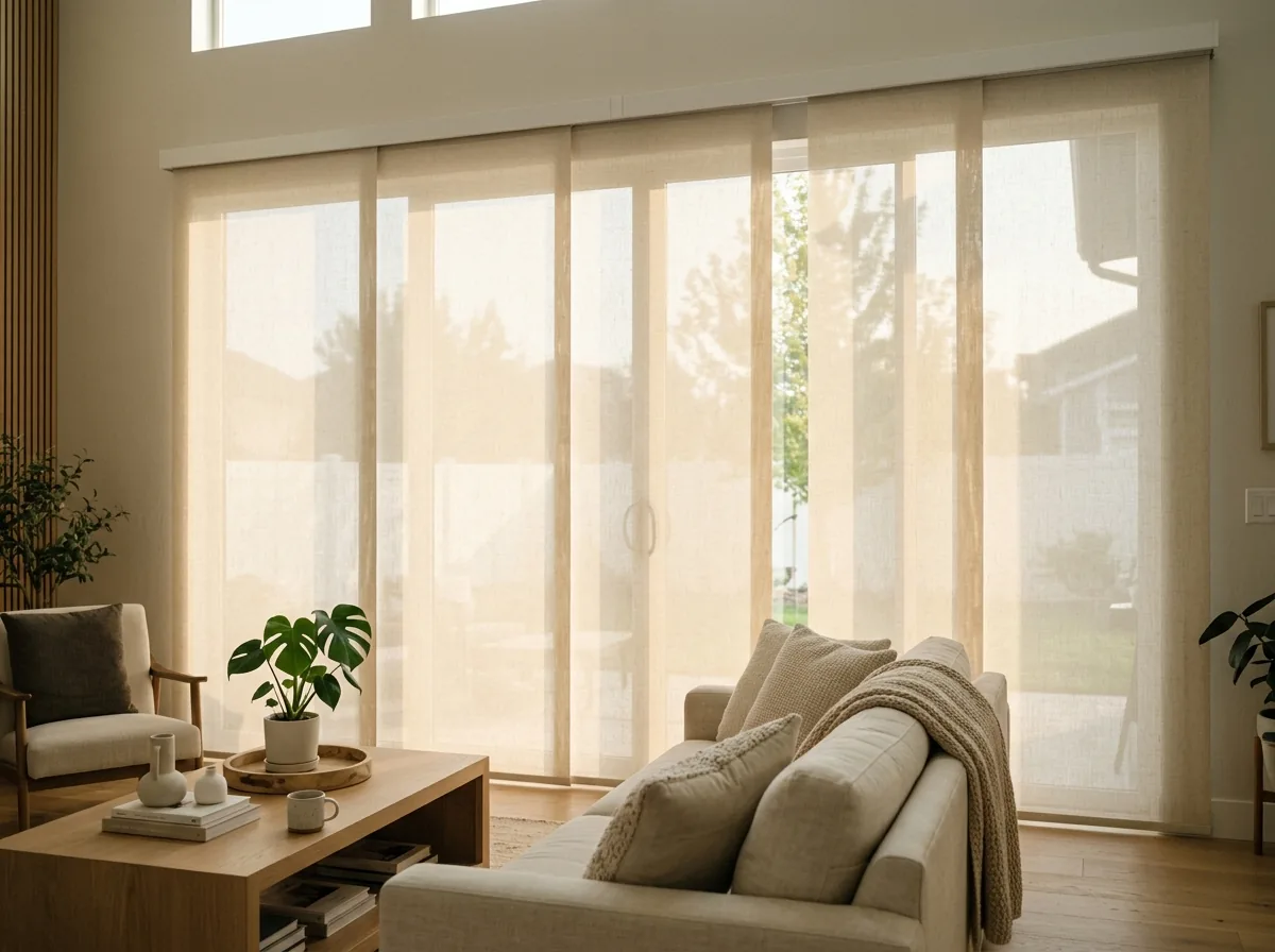 Panel track shades filtering afternoon light in a South Jordan home