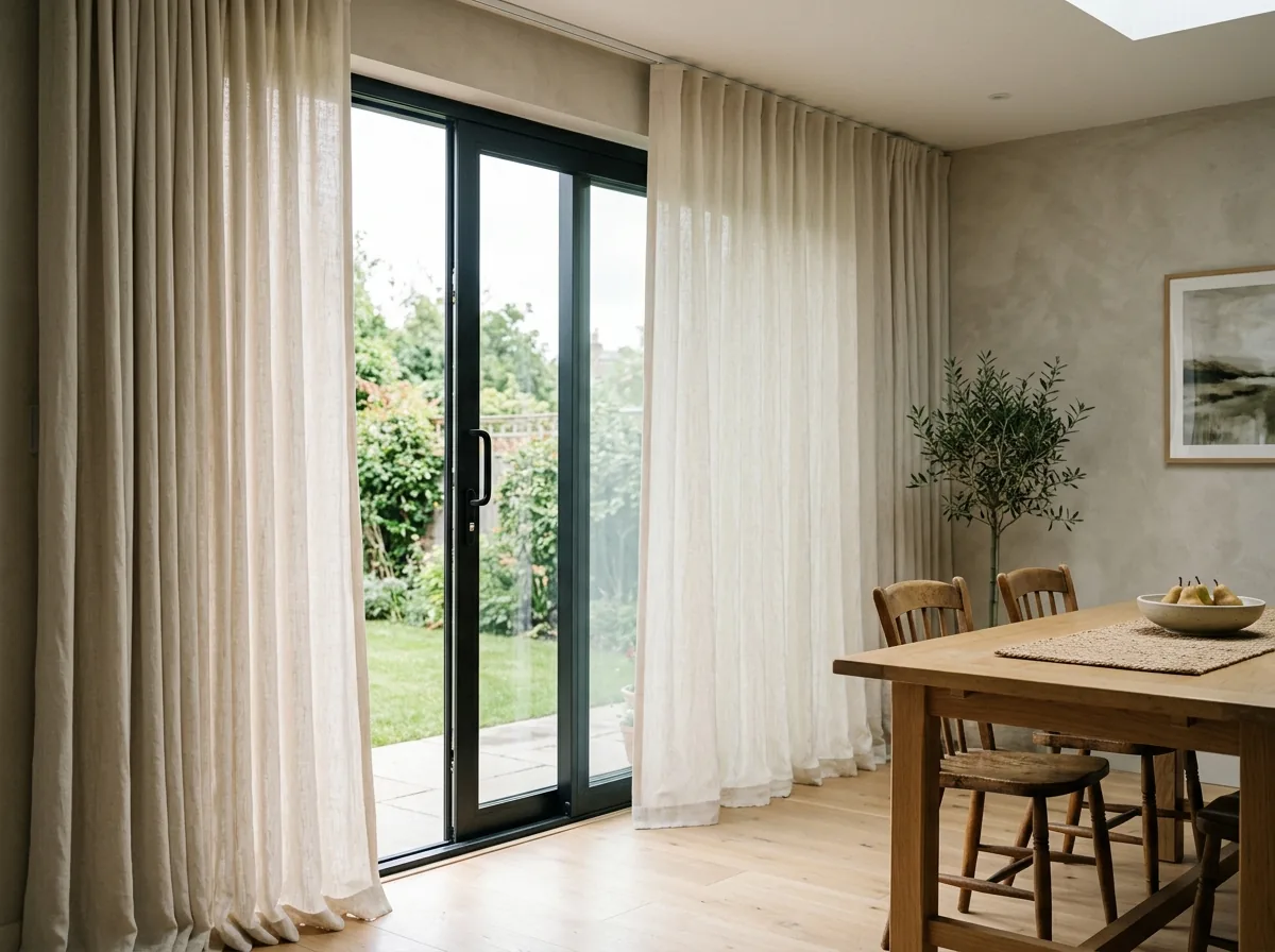 Track drapery across a South Jordan sliding glass patio door