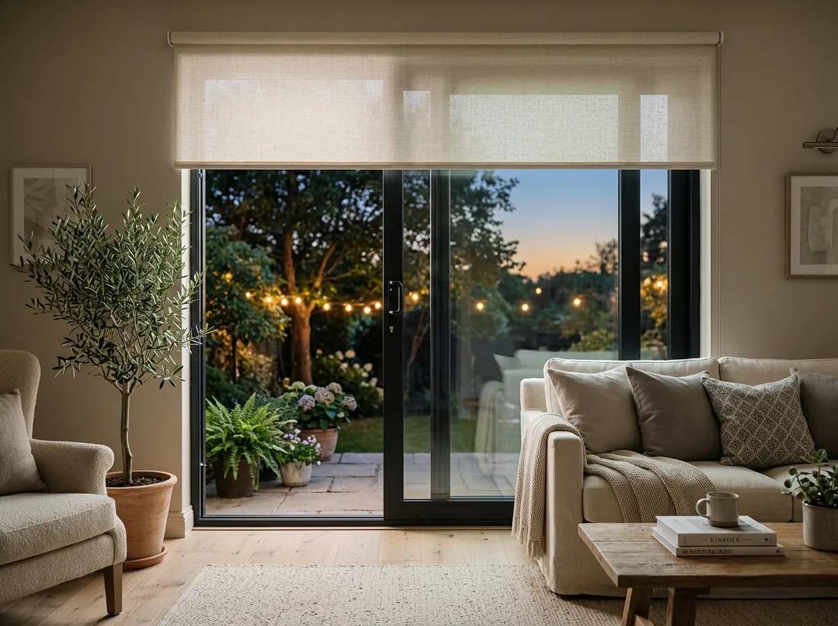 Wide roller shade over a South Jordan sliding glass patio door