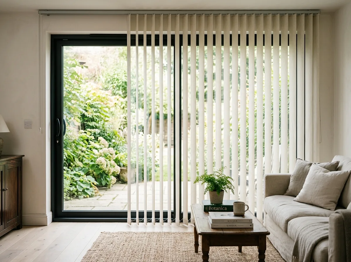 Vertical blinds covering a South Jordan sliding glass patio door
