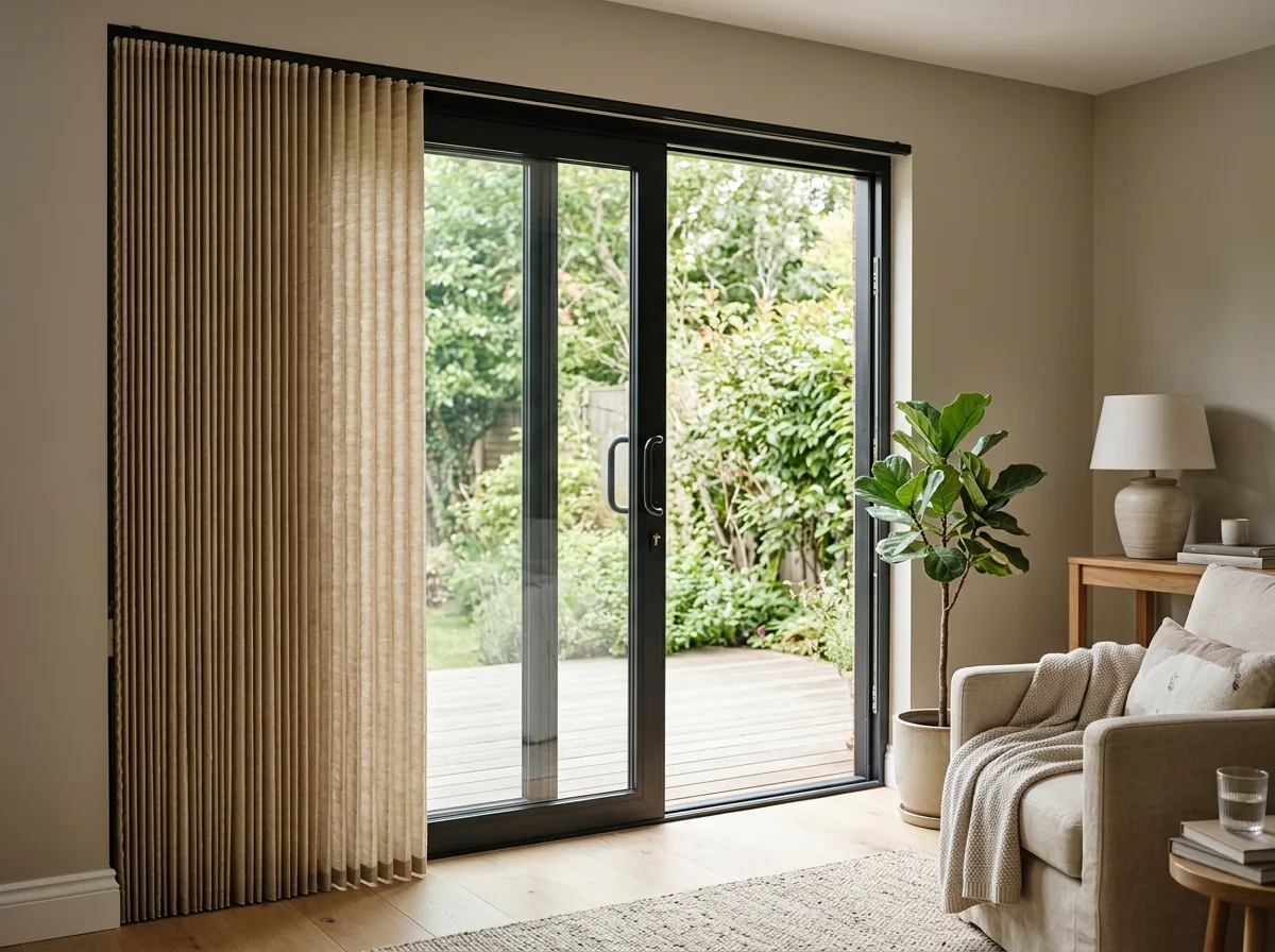 Vertical cellular shades on a South Jordan sliding glass door