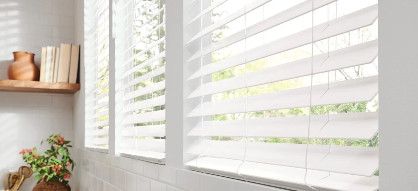 White faux wood blinds