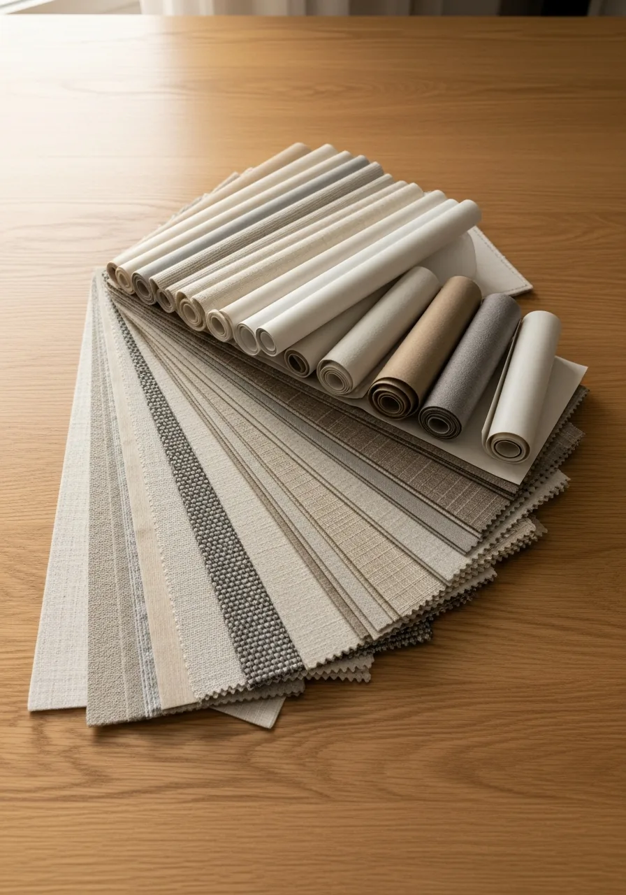 Custom window covering fabric swatches and material samples on a table