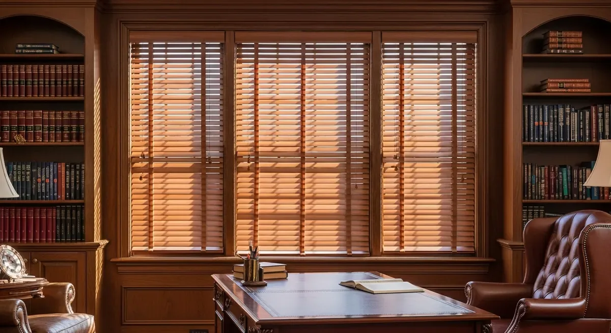 Warm wood blinds in a South Jordan home library and office