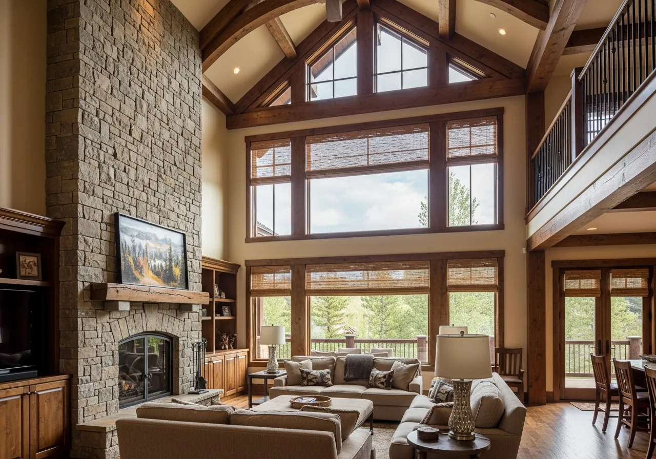 Woven wood shades on tall great-room windows