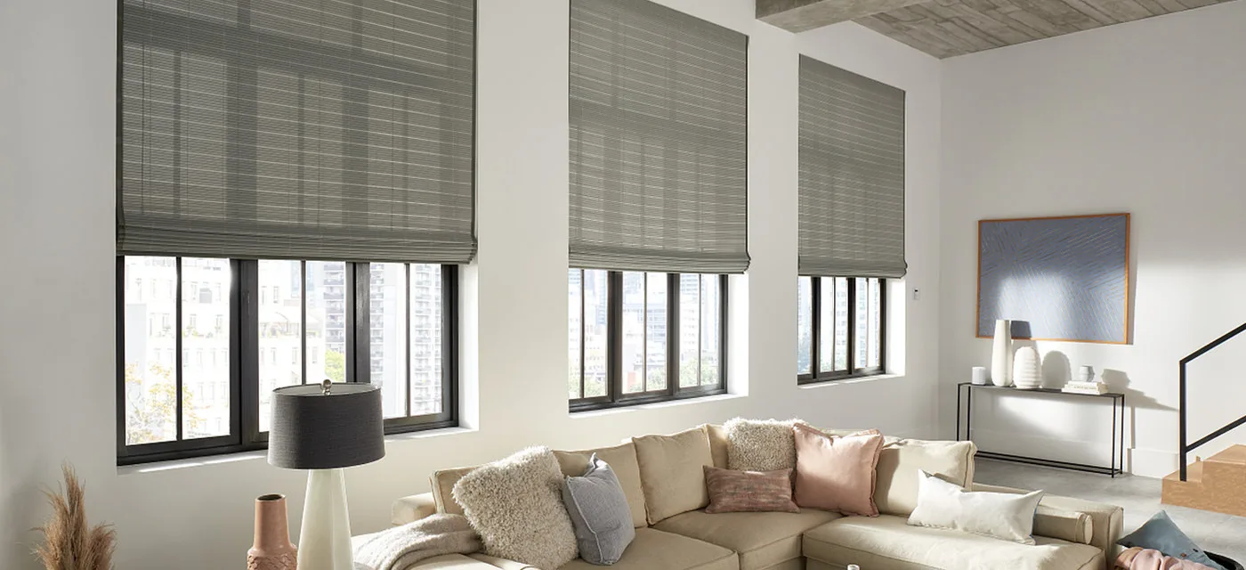 Woven wood shades in a loft living room